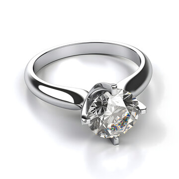 a photo realistic image of a diamond engagement ring. The ring is made of white gold or platinum and has a round brilliant cut diamond in the center. The diamond is held in place by six prongs.