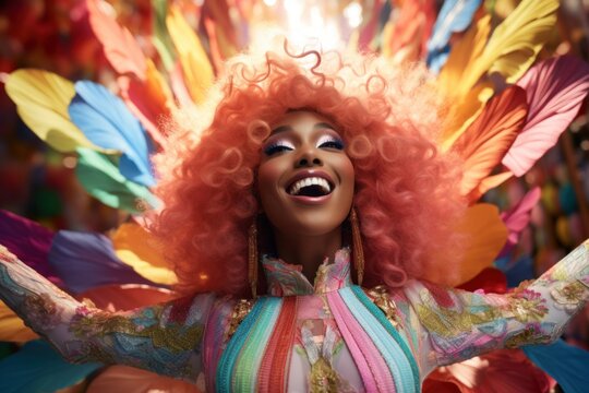 A woman in a colorful costume with feathers on her head. Generative AI image.