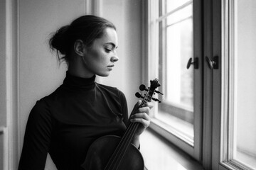 black and white photo - beautiful woman with violin near window