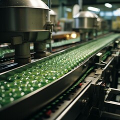 Pills on a conveyor belt in a manufacturing plant. Generative AI. 