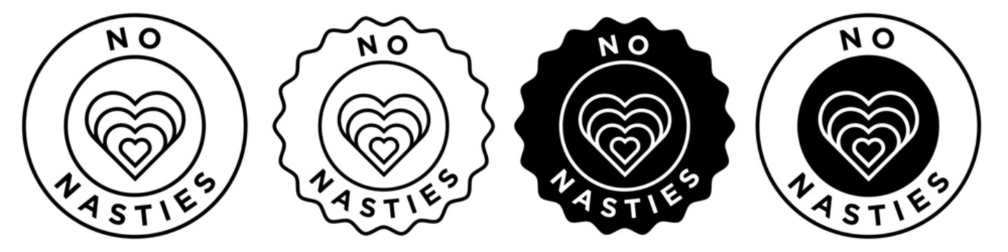 No nasties icon set vector collection. Sign symbol of fair cotton fabric sustainable life style certified clothing quality stamp seal style badge emblem in round circle sticker. Organic cloth material