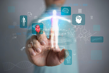 Man on blurred background using digital x-ray human body holographic scan projection 3D rendering.