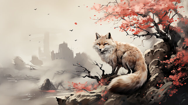 A painting of a fox standing on top of a cliff. Generative AI.