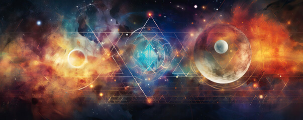 fusion of celestial elements and geometric shapes on an abstract background, representing the harmonious balance between the cosmos and mathematics panorama - obrazy, fototapety, plakaty
