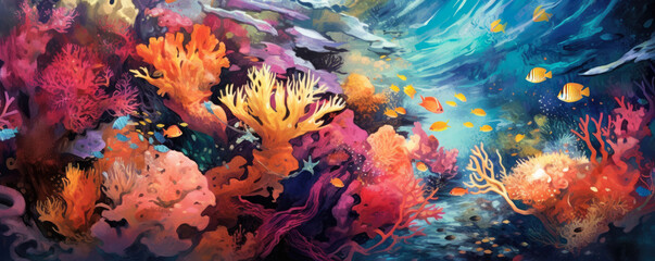 Obraz na płótnie Canvas abstract background resembling a vibrant underwater coral reef, with a plethora of colorful marine life, immersing the viewer in a captivating aquatic world panorama