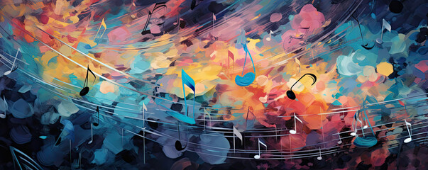 symphony of abstract musical notes on a colorful background, evoking the harmony and rhythm of a captivating melody panorama