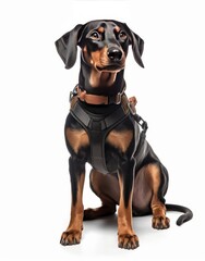 Cute Black and Tan Dog in White Harness Sitting Contentedly Generative AI