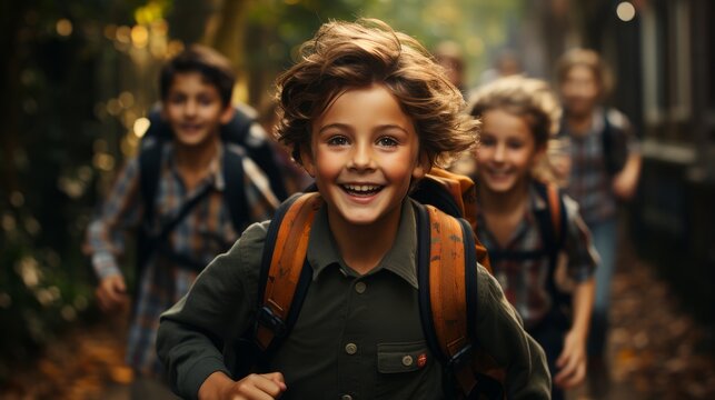 a group of young children rushing to school