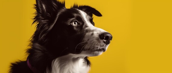 Fototapeta premium Handsome Border Collie Sitting on Bright Yellow Background Generative AI