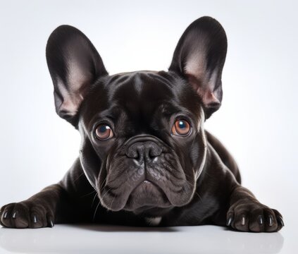 Playful Black French Bulldog Lying on a White Surface Generative AI