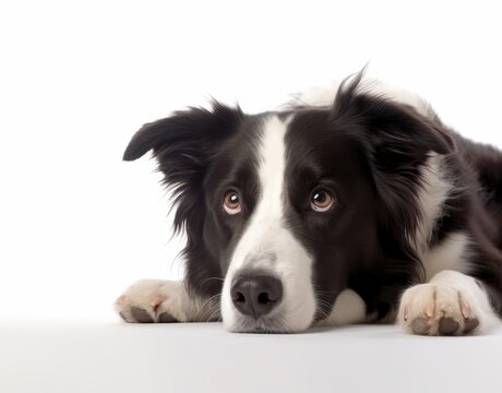 Cute and Cuddly Border Collie Lying on White Background Generative AI