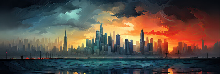 Fototapeta na wymiar A digital painting of a city with skyscrapers. Generative AI.