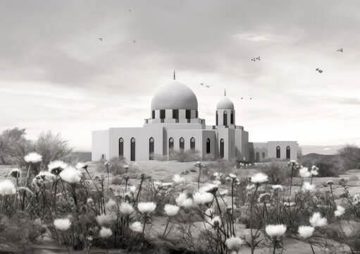 Beautiful Mosque in a Desert Setting: White Floral Design Generative AI