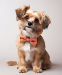 Adorable Small Dog Wearing Bow Tie Sitting on White Background Generative AI