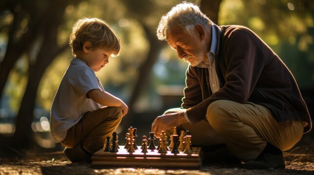 An Older Man And A Young Boy Playing Chess. Generative AI Image.