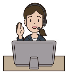 パソコン入力をしながら電話応対をするスーツの若い女性　コールセンター　リモートワーク　笑顔 挙手