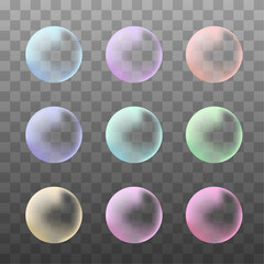 Vector transparent multicolored soap bubbles set on plaid background colection