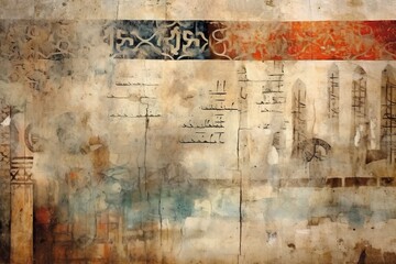 Fototapeta na wymiar Aged Arabic Wall Art: Vintage Design with Intricate Inscriptions Generative AI
