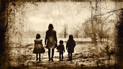Vintage look photo, sepia black and white with scratches from aging, depicting mother and children standing in a bleak field from behind - obrazy, fototapety, plakaty