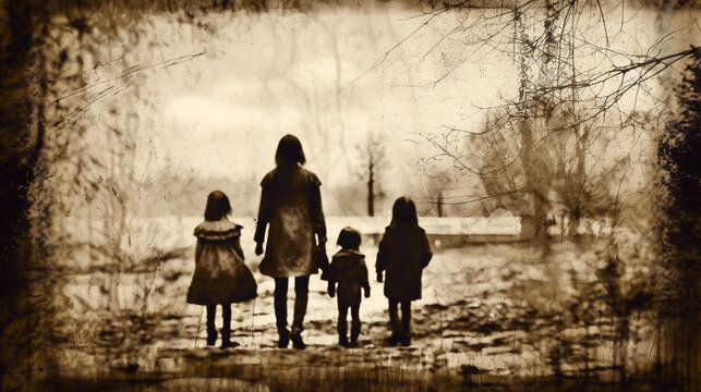 Vintage look photo, sepia black and white with scratches from aging, depicting mother and children standing in a bleak field from behind