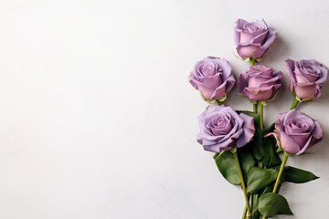 A bunch of purple roses on a white surface. Generative AI.