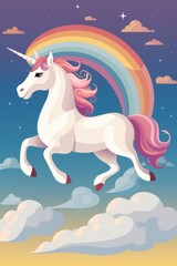 Naklejka na ściany i meble A cartoon unicorn running in the sky with a rainbow in the background. Generative AI image.