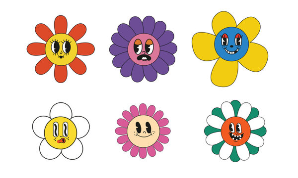 Set of cartoon flower character sticker pack. Groovy funky comic daisy flower with eyes and abstract. Vector illustration