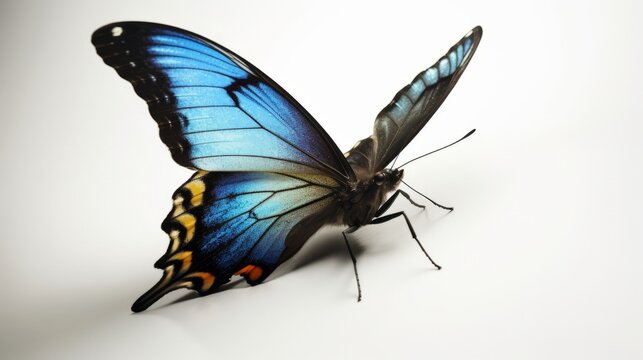 Blue and Black Butterfly on a White Background - Stock Photo Generative AI