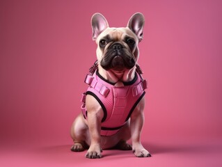 Fototapeta premium Adorable French Bulldog Wearing a Pink Harness for Safety Generative AI
