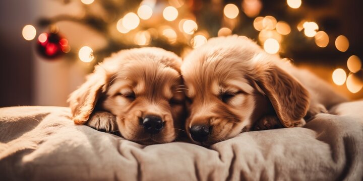 Two puppies are sleeping on a pillow in front of a christmas tree. Generative AI image.