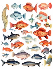 Large Collection of Colorful Fish on White Background Generative AI