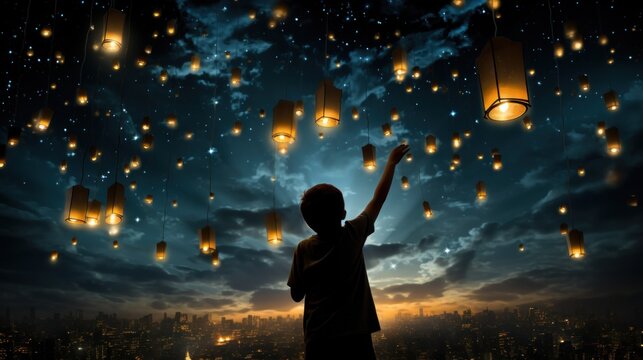 A person holding up a paper lantern in the sky. Generative AI image.