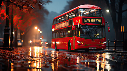 Obraz premium A red double decker bus driving down a wet street. Generative AI.