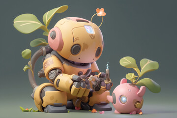 Cute sci-fi cartoon scene, anime style, cuddly futuristic robot with green plant and surreal pot. 3D render, adorable robotic gardener, tender toy for child, pink yellow mech, ceramic cyborg, Ai art