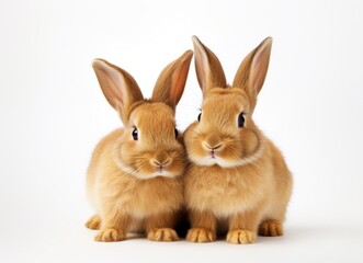 Fototapeta premium Adorable Bunnies Sitting Together in White Background - Stock Photo Generative AI