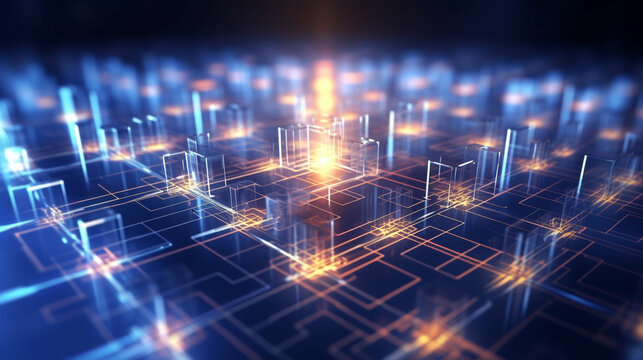 Quantum information processing concept. Quantum computing for powerful data elaboration. central processing unit, glowing 3d cpu. Superconducting qubits, net of photons particles. AI circuitry tech