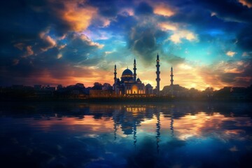Naklejka premium Glorious Mosques Against Colorful Sky: A Beautiful Sight to Behold Generative AI
