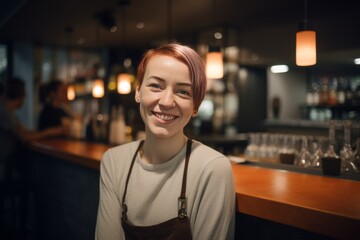 Fototapeta premium Cheerful Cafeteria Server Smiles Brightly in Bar - Stock Photo Generative AI