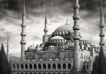 Fototapeta na wymiar The Blue Mosque in Black and White: A Timeless Photo of Architectural Beauty Generative AI
