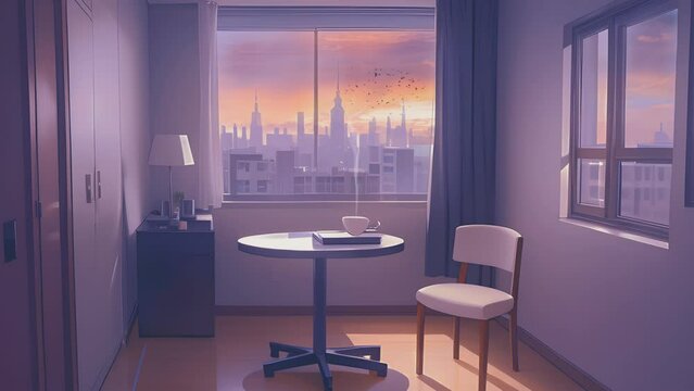 dining room with a window and a cup of coffee on the table. Cartoon or anime watercolor painting illustration style. seamless looping virtual video animation background.