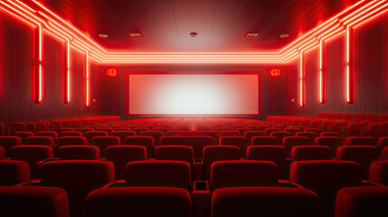 an empty movie theater with a red screen and red seats. no people Generative AI
