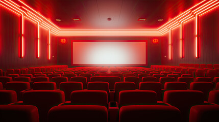 Fototapeta premium an empty movie theater with a red screen and red seats. no people Generative AI