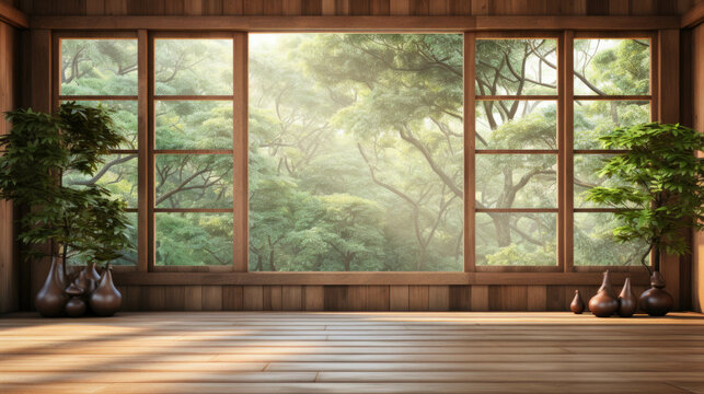empty modern room in japanese style with a lot of wood and opened large windows in the background is a green forest. Generative AI