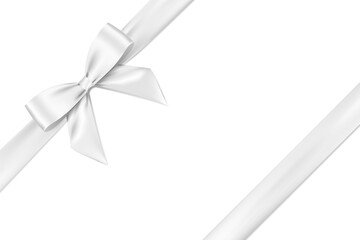 White bow realistic shiny satin and ribbon place on left corner