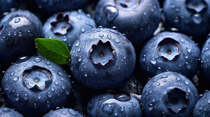 Blueberries background with drops of water. Top down view