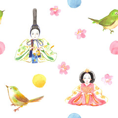 メジロ、ウグイス、お雛様、お殿様、桜の水彩画で飾られたシームレスパターン、背景素材