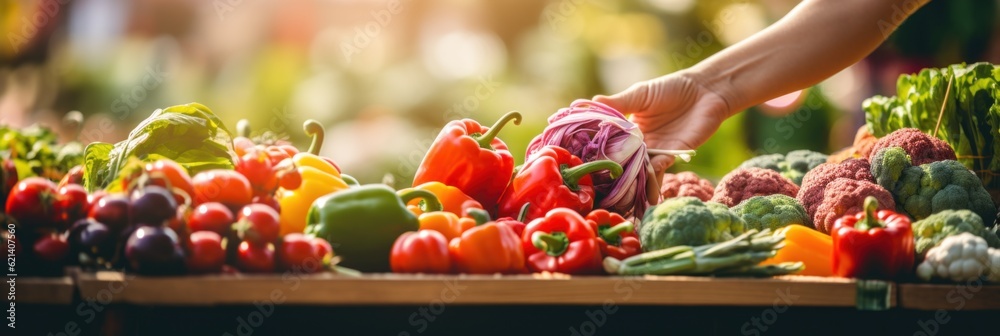 Poster A person picking up vegetables from a table. Generative AI image.