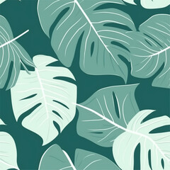 Green Sap Green Mint Monstera Leaf Abstract Line Art Scandinavian Design Seamless Pattern Wallpaper Curtain Bedding Background
