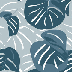 French Grey Monstera Leaf Abstract Line Art Scandinavian Design Seamless Pattern Wallpaper Curtain Bedding Background
