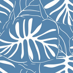 Blue and White Monstera Leaf Flower Abstract Line Art Scandinavian Design Seamless Pattern Wallpaper Curtain Bedding Background Vector
